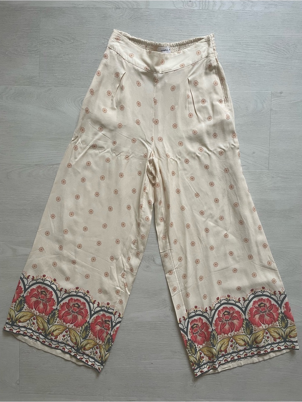 O'Neill Cream Wide-Leg Pants with Red Floral Border
